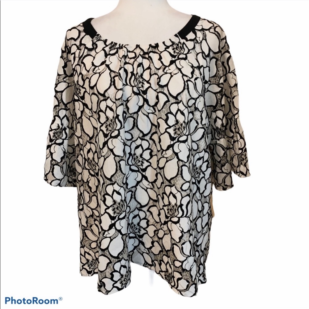 Gibson Latimer Lacy Black White Floral Blouse XL
